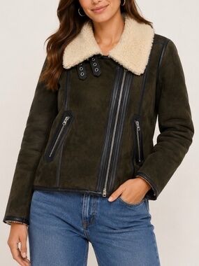 H&M Biker Jacket Womens Size 6 Dark Olive Green Faux Suede Sherpa lined